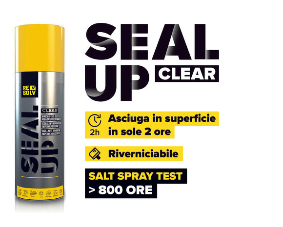 Bomboletta di Seal Up Clear, sigillante impermeabilizzante trasparente con caratteristiche evidenziate: asciuga in superficie in 2 ore, riverniciabile, resistenza certificata superiore a 800 ore nel test spray salino.
